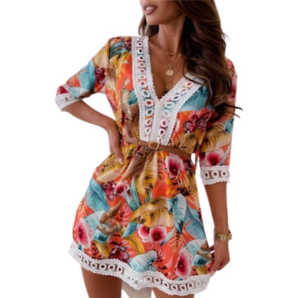 Tropical Boho Lace-Paneled V-Neck Dress with Belt